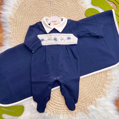 Saída de Maternidade Tricotil (Tricot 100% Algodão) - Azul Marinho Carrinhos
